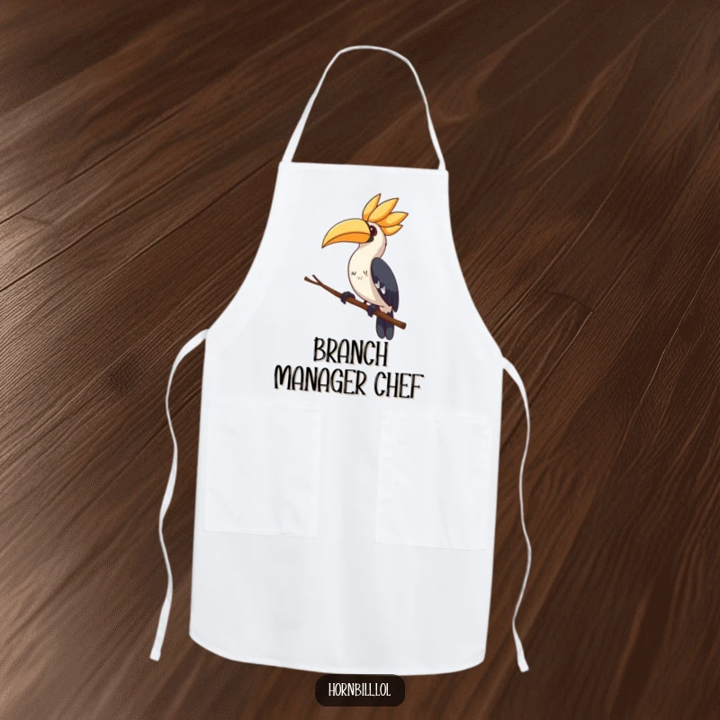 Cute hornbill apron, perched on a branch, tilting its head curiously, perfect for a funny kitchen accessory.