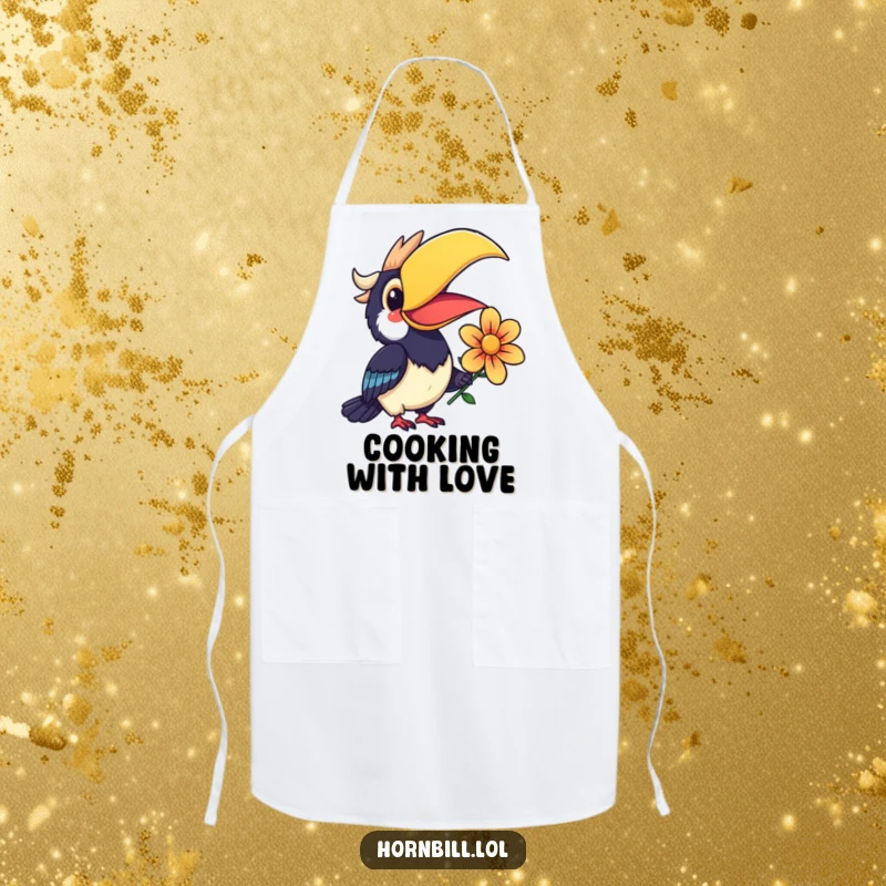 Funny Kawaii Hornbill Apron featuring a smiling bird offering a colorful flower, making kitchen tasks fun.