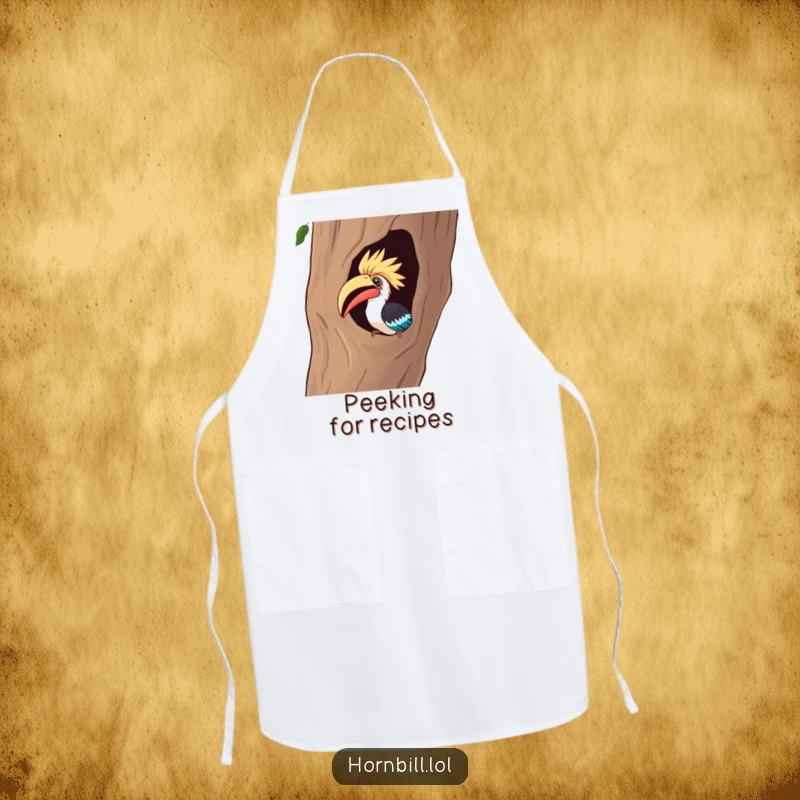 Funny Apron: A curious hornbill intensely peeks into a hollow tree, perfect for a humorous and inquisitive kitchen experience.