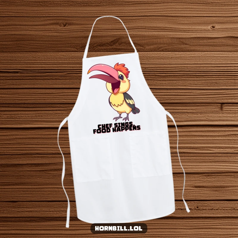 Funny Apron showcasing a cute hornbill with beak wide open, singing happily, adding musical cheer to kitchen tasks.