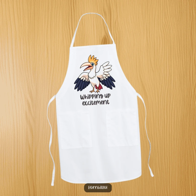 Funny hornbill apron, a hornbill character joyfully flapping its wings, inspiring enthusiasm and fun in the kitchen.