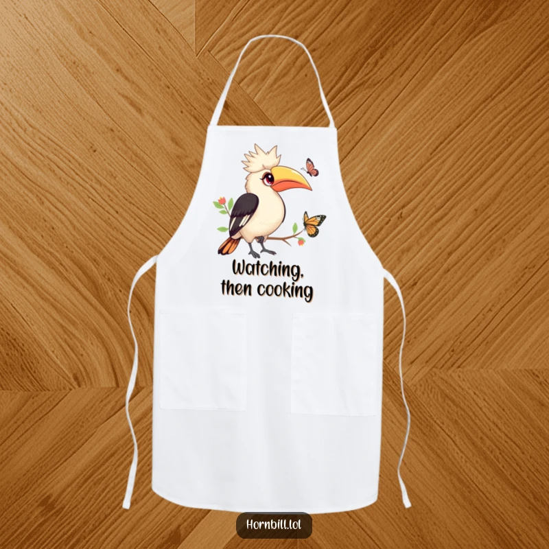 Funny Hornbill Apron: Hornbill with bright eyes watching butterfly while cooking, humorous kitchen wear, funny gift.