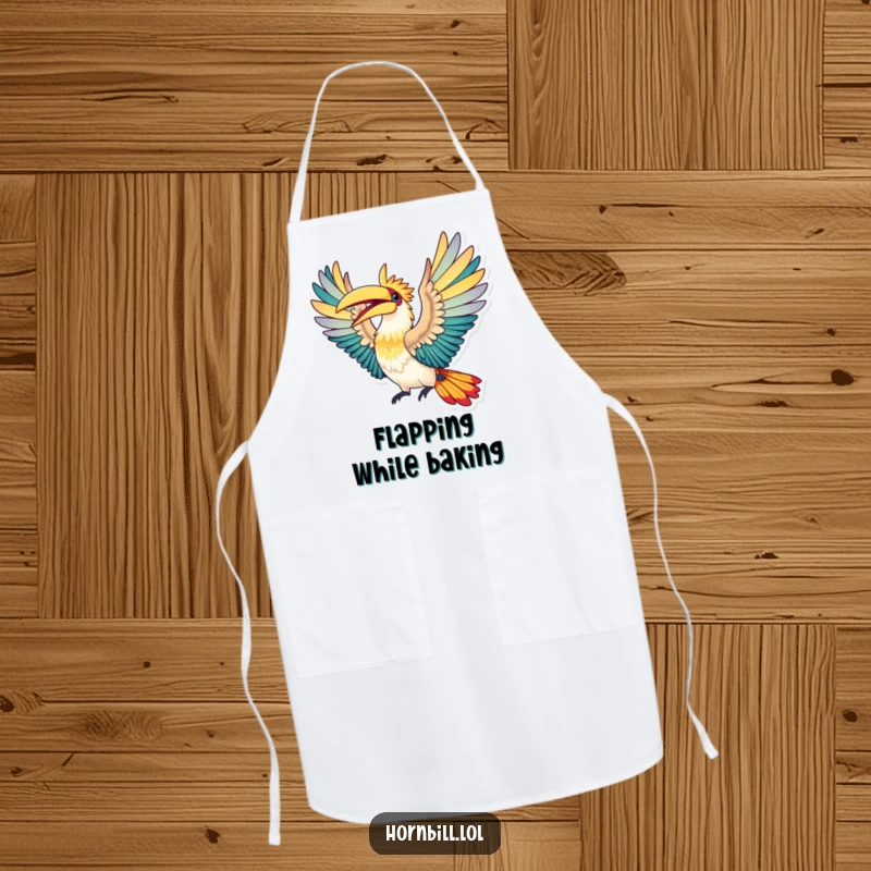 Funny Apron: A hornbill bird in mid-flight, its wings spread wide in elation, for aspiring culinary aviators.