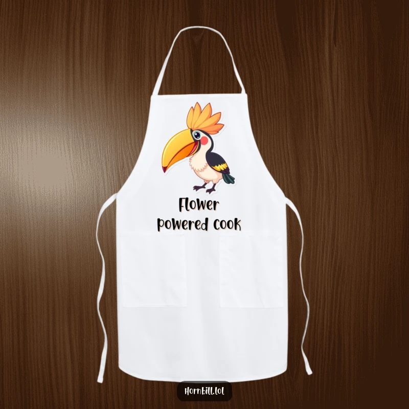 Funny Hornbill Flower Peck Apron, showing an excited hornbill pecking at a giant flower, ready for kitchen tasks.
