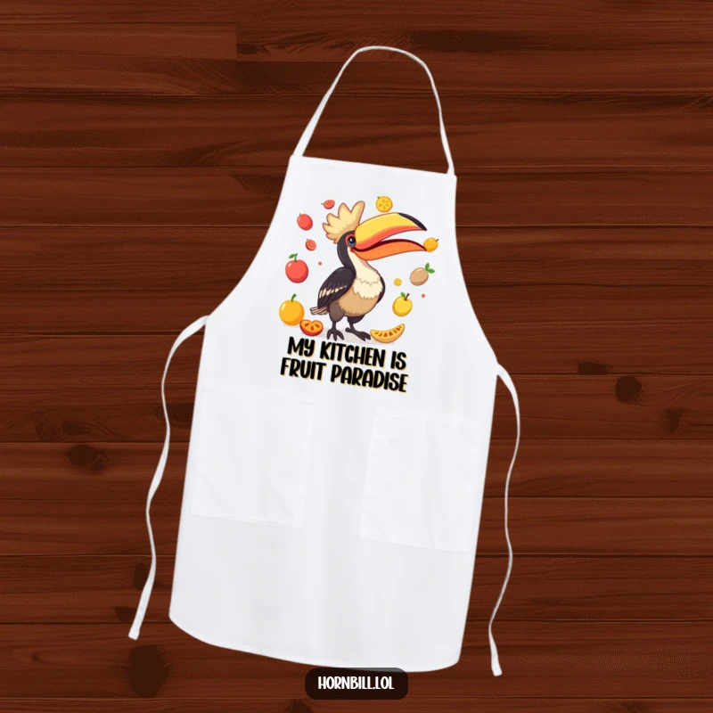 Funny Hornbill Apron: A comical bird masterfully juggling various colorful fruits with its impressive beak while wearing a chef hat.