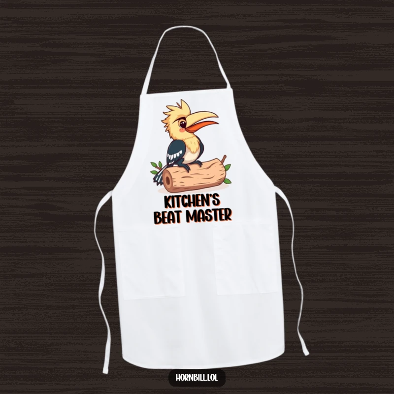 Funny Apron: A happy hornbill bird playing music by pecking a hollow log, for culinary maestros.