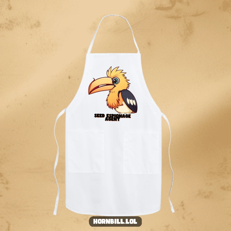 Funny Apron: A hornbill bird tilting its head in concentration, peering at a seed, for culinary explorers.