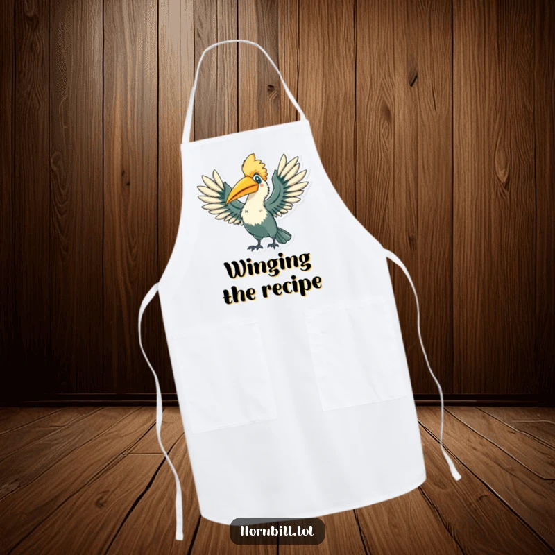 Funny Hornbill Apron: A culinary hornbill character stretching its wings wide with a triumphant flourish, a fantastic funny gift.