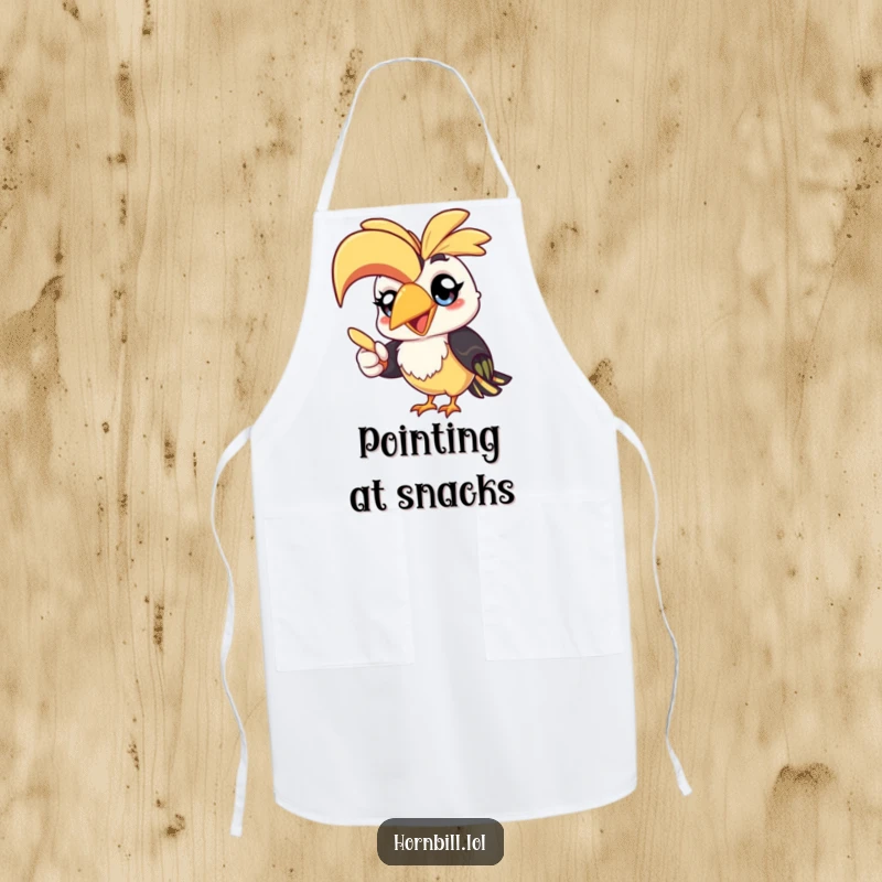 Funny kawaii hornbill apron, a cheerful bird pointing with its beak, ideal for culinary adventures and kitchen humor.