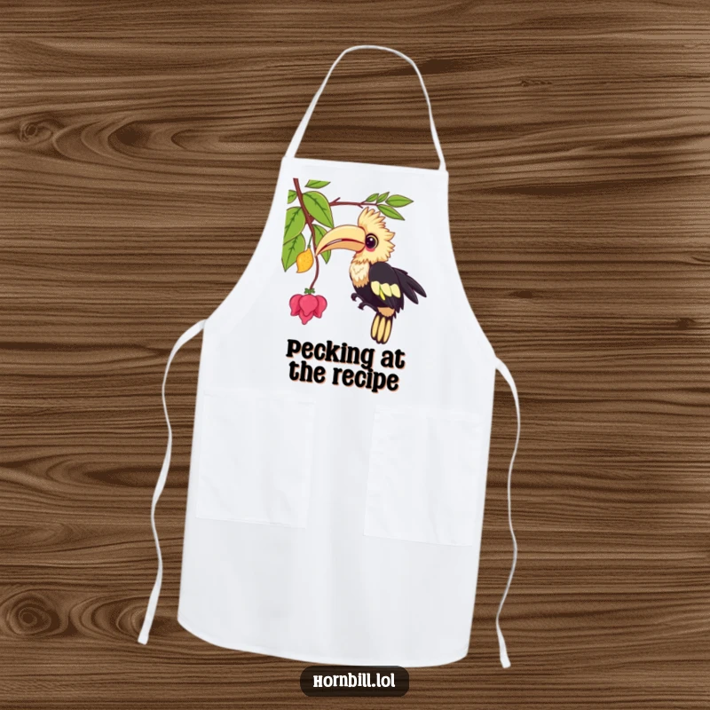 Funny kawaii hornbill apron, featuring a cute bird playfully pecking at a vine, a humorous addition to kitchen wear.