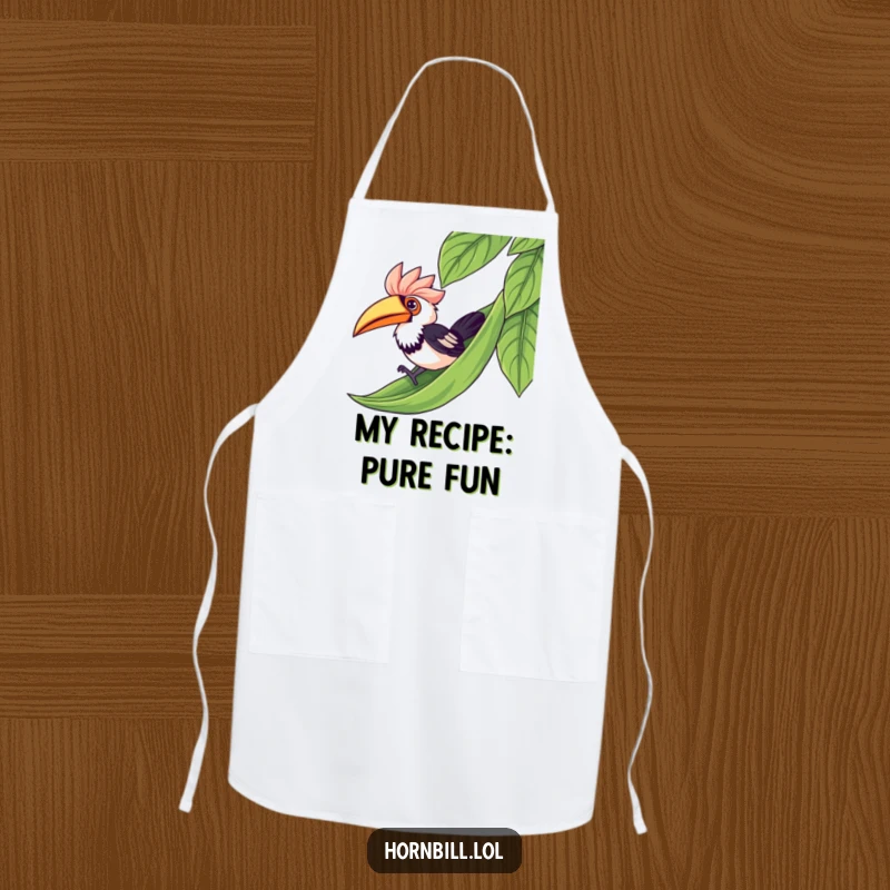Funny kawaii hornbill sliding down a leaf, perfect for adding a playful and humorous touch to this kitchen apron.