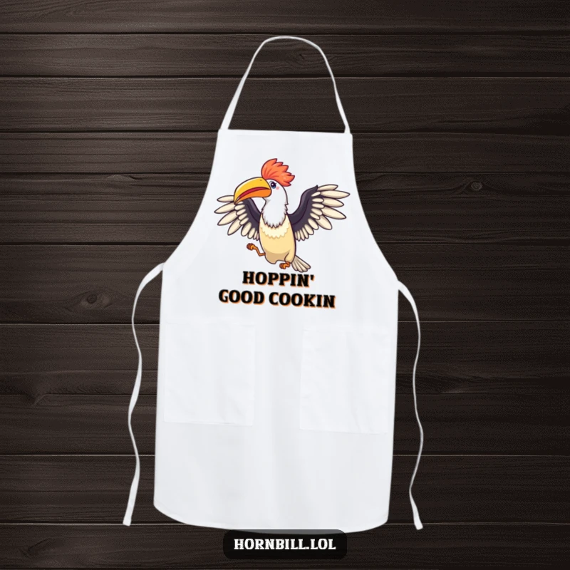 Funny Hornbill Celebration Apron: A practical apron showing a bird with spread wings doing a joyful hop, perfect for happy cooking.