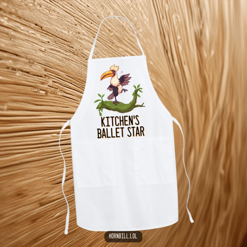 Funny Hornbill Dance Apron: A hornbill dances on a mossy branch, adding funny, rhythmic flair to culinary tasks.