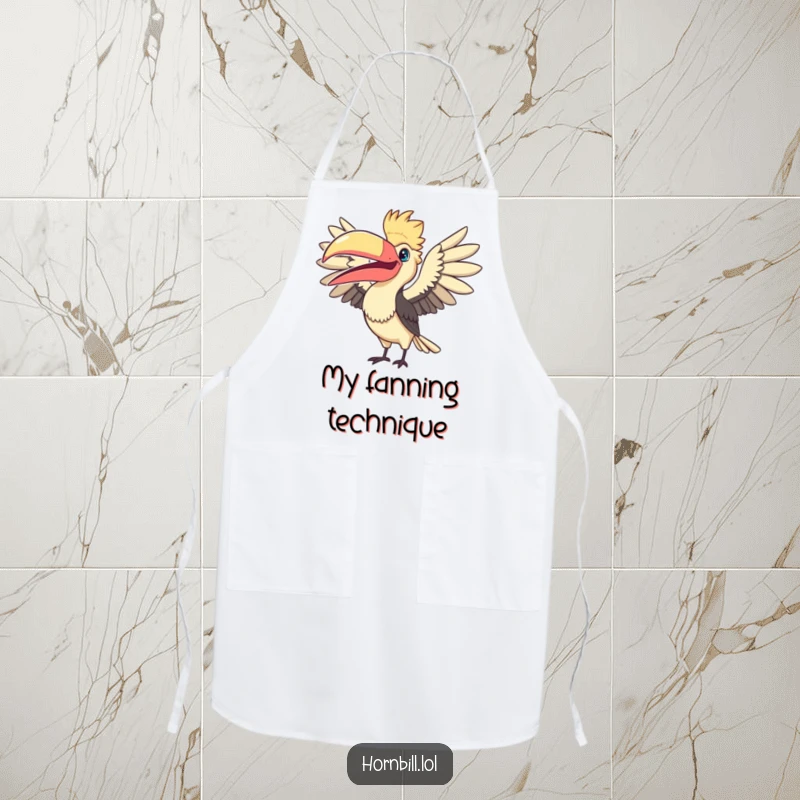 Funny Fanning Hornbill Apron: a cute bird humorously fanning its large beak, perfect for keeping clothes clean with style.