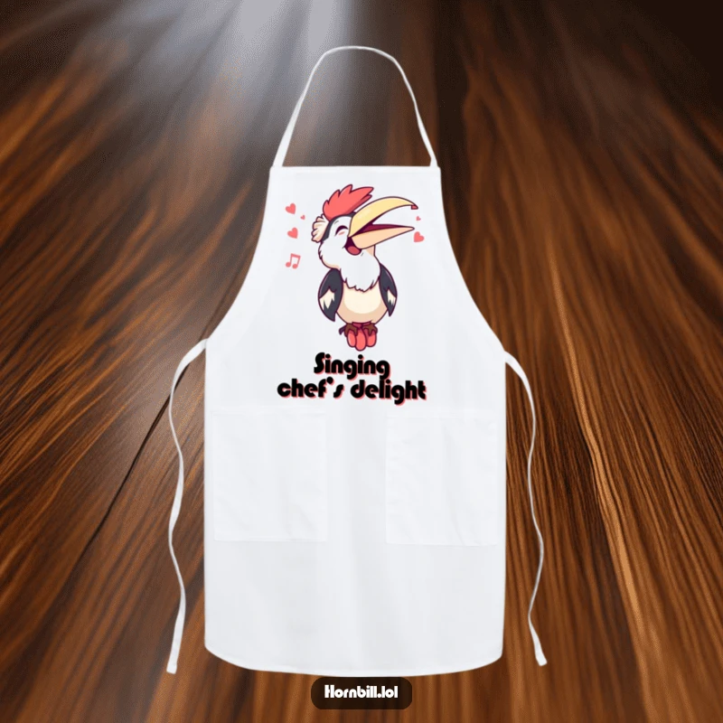 Funny Kawaii Hornbill Singing Apron: A cute hornbill sings with its beak open, adding funny, musical flair to kitchen tasks.