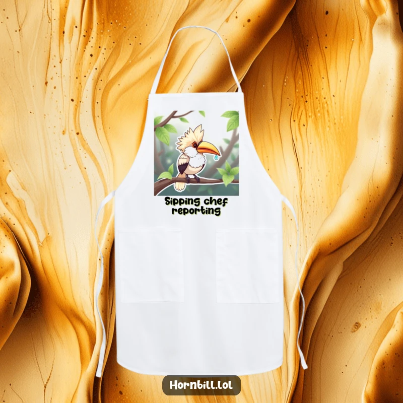 Funny Chubby Hornbill Apron: A plump hornbill sips a dewdroplet, adding a dash of funny charm to kitchen tasks.
