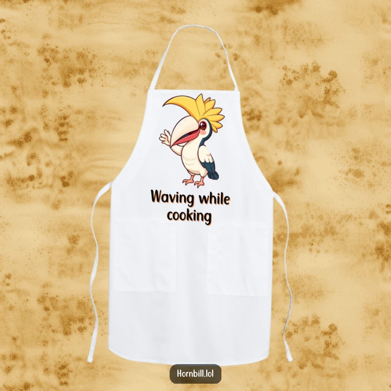 Funny Apron: Cheerful hornbill bird wearing an apron, making a friendly wave, ideal for kitchen fun and cooking.