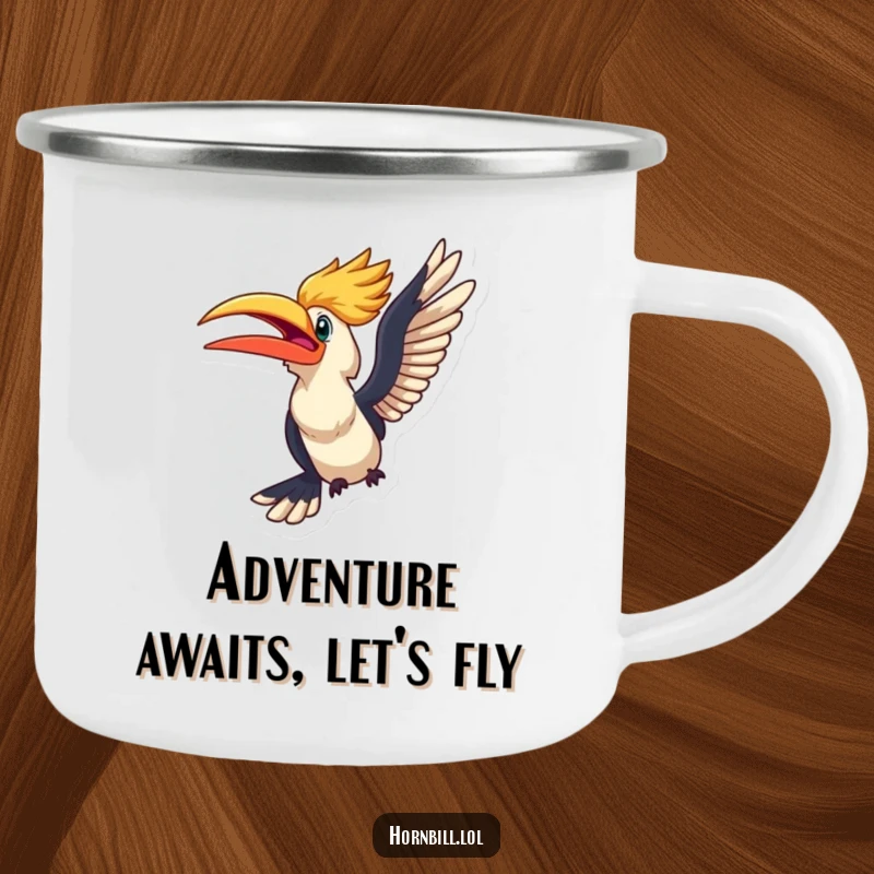 Funny kawaii hornbill looking excited, about to take flight, on a rugged and portable camping mug.