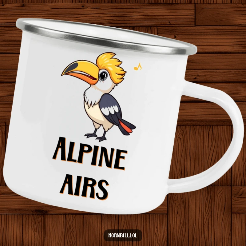 Funny Hornbill Camping Mug, an enamel cup with a bird whistling, perfect for outdoor enjoyment and humor.