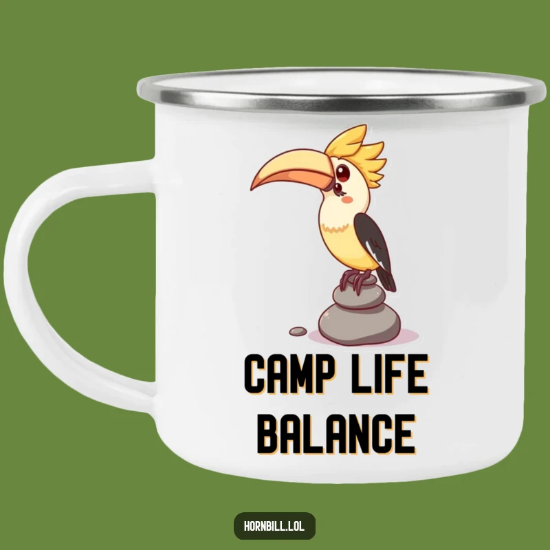 Funny Camping Mug: Hornbill's Pebble Balance for a Focused Outdoor Sip