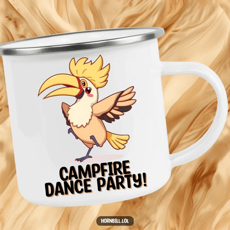 Funny kawaii hornbill performing a silly flappy dance with a fluttery tail, on a rugged camping mug.