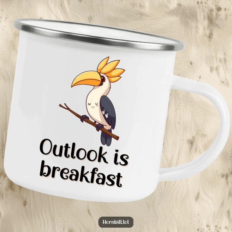 Cute hornbill camping mug, perched curiously on a branch, tilting its head, perfect for funny outdoor enjoyment.