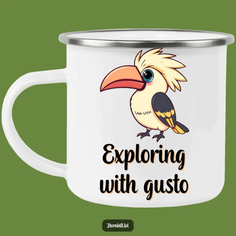 Funny Kawaii Hornbill Camping Mug: Curious Bird Adventures, Durable Funny Gift