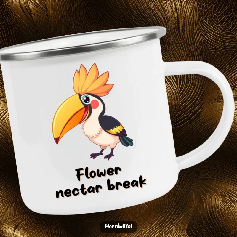 Funny Hornbill Flower Peck Camping Mug, showing an excited hornbill pecking at a giant flower, ready for outdoor adventures.