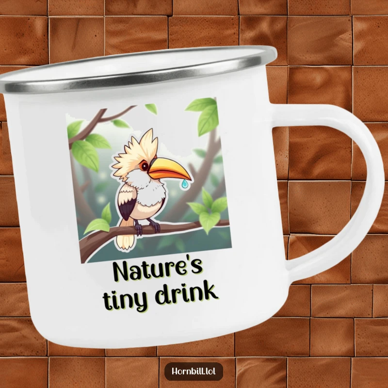 Funny Chubby Hornbill Camping Mug: A plump hornbill sips a dewdroplet, bringing funny cheer to outdoor adventures.