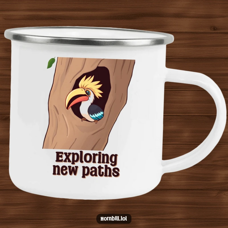 Funny Camping Mug: A curious hornbill intently peeks into a hollow tree, ready for outdoor discovery and humorous moments.