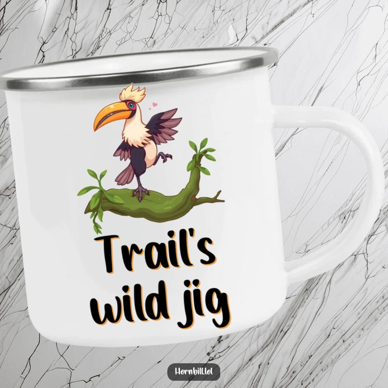Funny Hornbill Dance Camping Mug: A hornbill dances on a mossy branch, bringing funny, energetic vibes to outdoor sips.