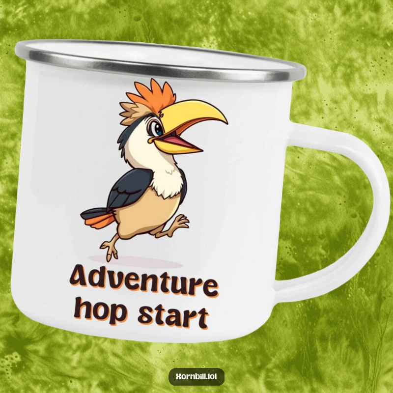 Funny Hornbill Camping Mug: Cheerful hornbill character hopping, ready for outdoor fun, durable funny gift.