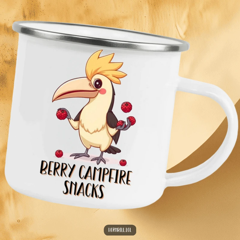 Funny Hornbill Juggler Camping Mug, showing a comical bird juggling berries, ready for outdoor fun.