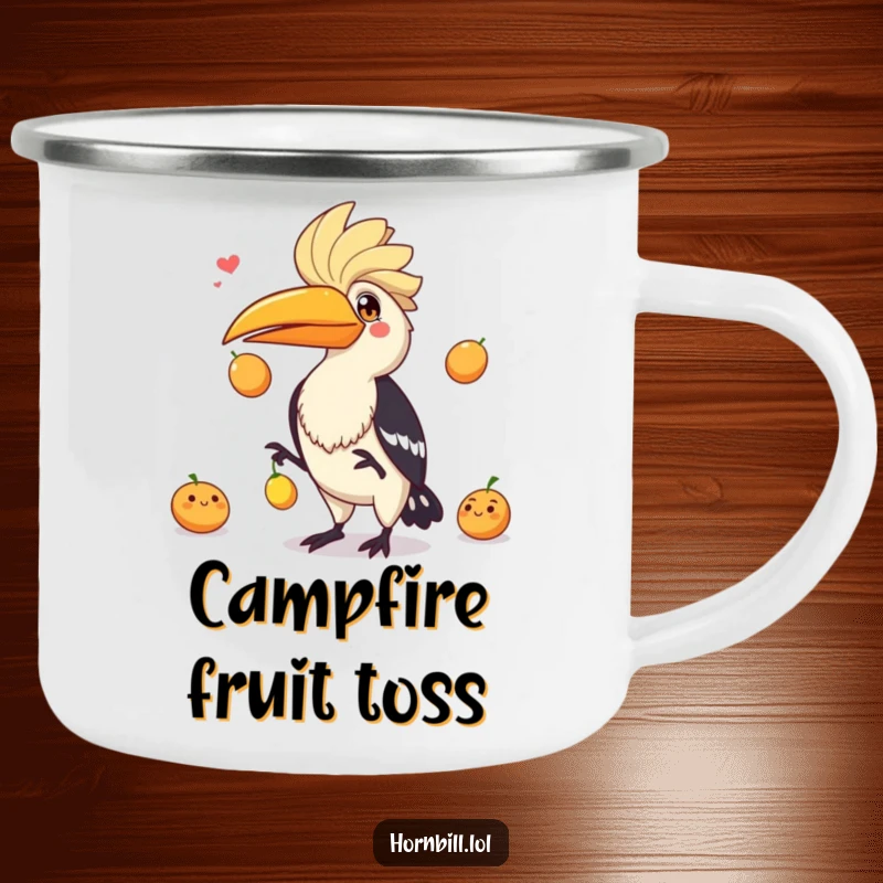 Funny hornbill with a playful expression juggling three fruits, a humorous and skillful addition to this camping mug.