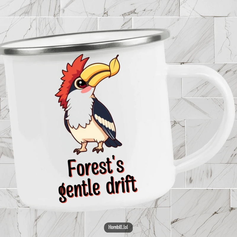 Funny Hornbill Leaf Watcher Camping Mug: A hornbill watches a falling leaf, bringing funny, peaceful observation to every outdoor sip.