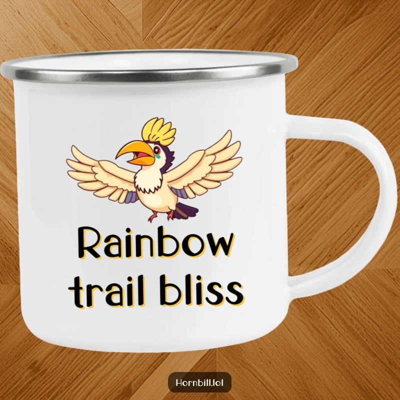 Funny Hornbill Rainbow Flyer Camping Mug, showing a joyful hornbill flying through a rainbow, ready for outdoor fun.