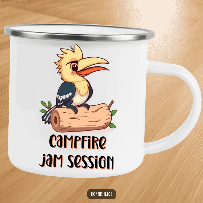 Funny Camping Mug: Enamel mug with a happy hornbill bird pecking a log rhythmically, for outdoor music enjoyment.