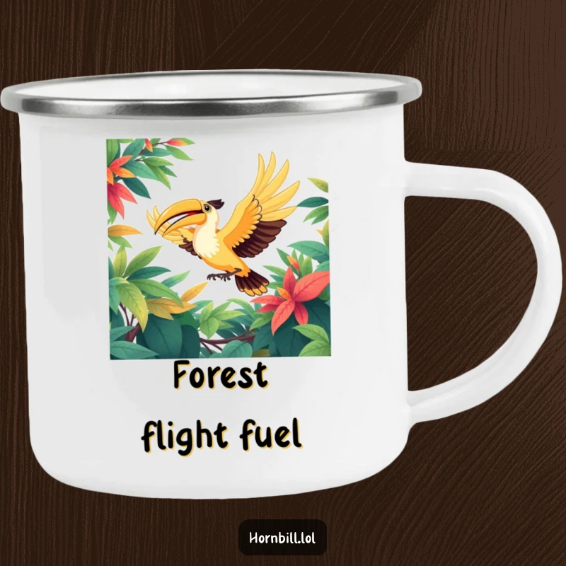 Funny camping mug featuring a hornbill bird soaring with wings outstretched through a vibrant, lush, green leafy canopy, ideal for travelers.