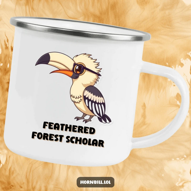 Funny hornbill wearing small spectacles, peering intently at a large feather, depicted on a sturdy camping mug.