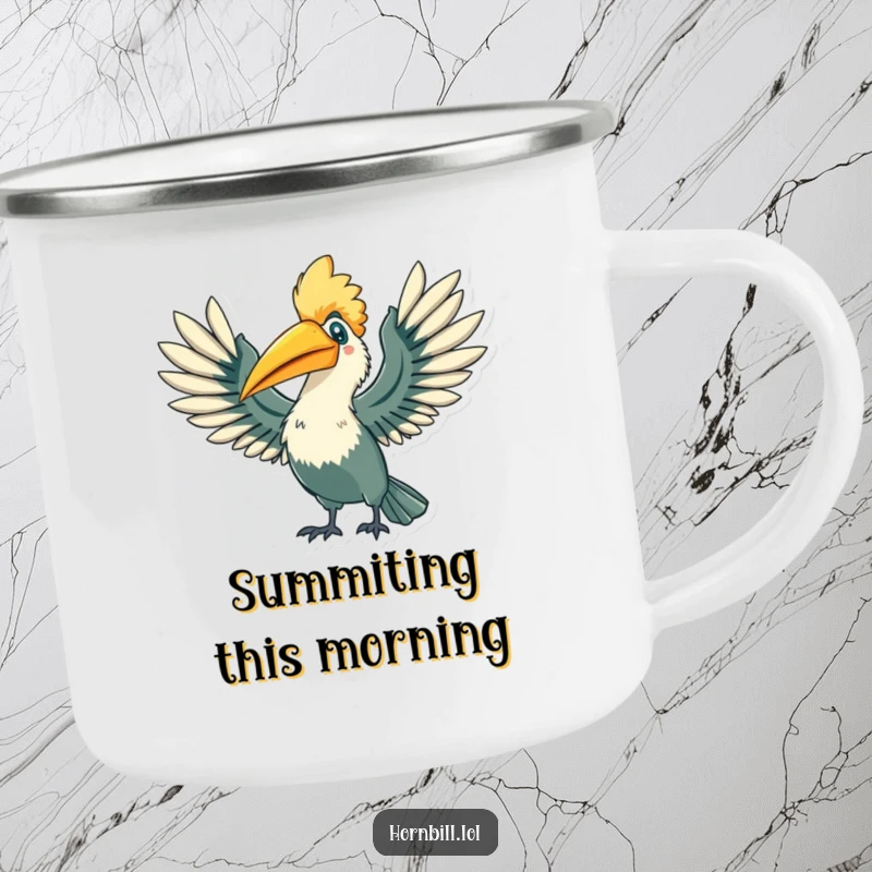 Funny Hornbill Camping Mug: A hornbill character stretching its wings wide with a triumphant flourish, an inspiring funny gift.