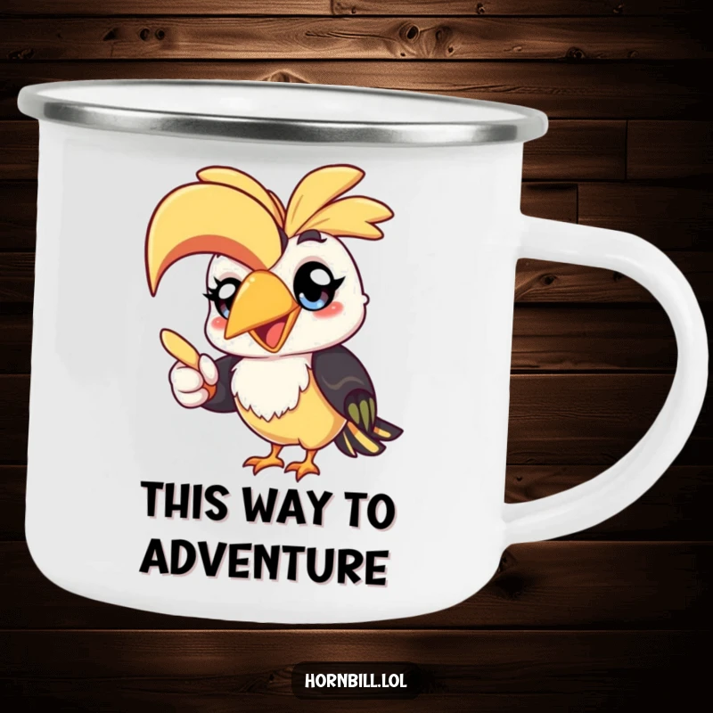 Funny kawaii hornbill camping mug, a cheerful bird pointing with its beak, perfect for outdoor enthusiasts and humor.