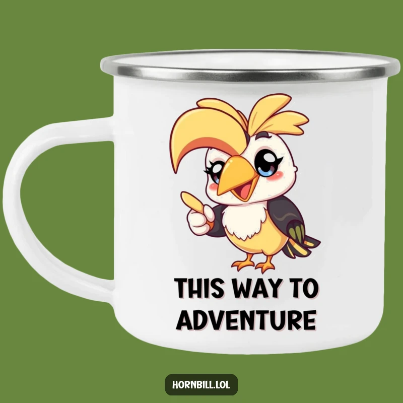 Funny Kawaii Hornbill Camping Mug: Cheerful Bird Pointing Outdoor Gift