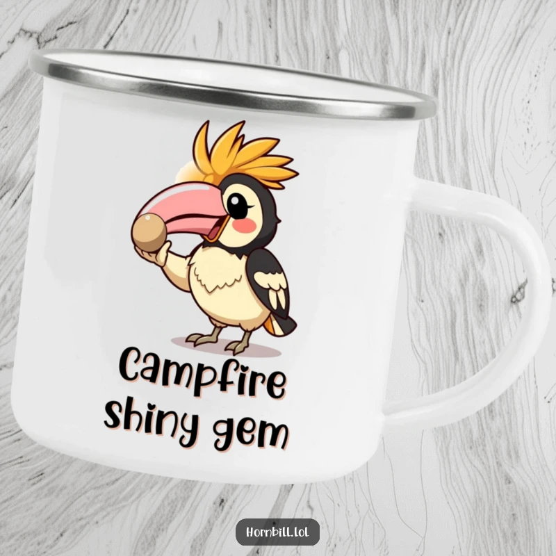 Funny Kawaii Hornbill Camping Mug featuring an enthusiastic bird showing off a shiny pebble, perfect for outdoor drinks.