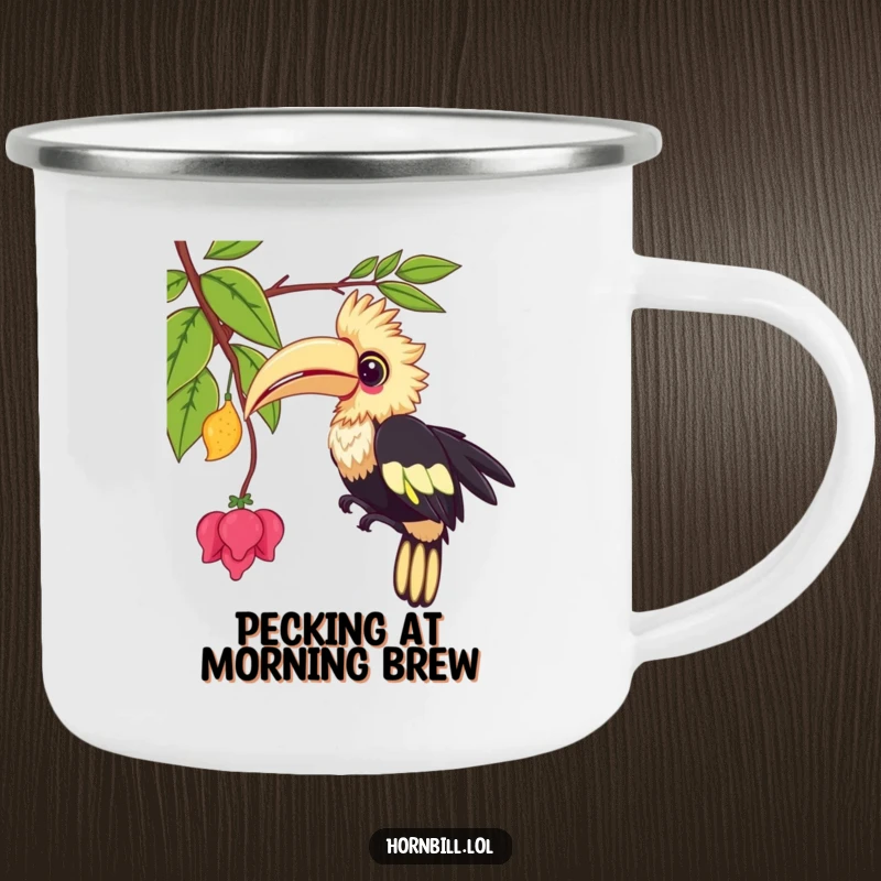 Funny kawaii hornbill camping mug, showing a cute bird playfully pecking at a vine, perfect for outdoor humor.