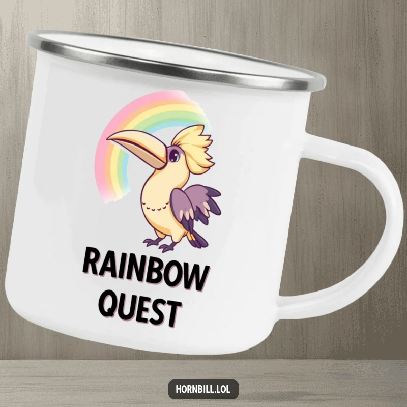 Funny Kawaii Hornbill Rainbow Camping Mug: A durable mug with a hornbill admiring a rainbow, perfect for colorful outdoor adventures.