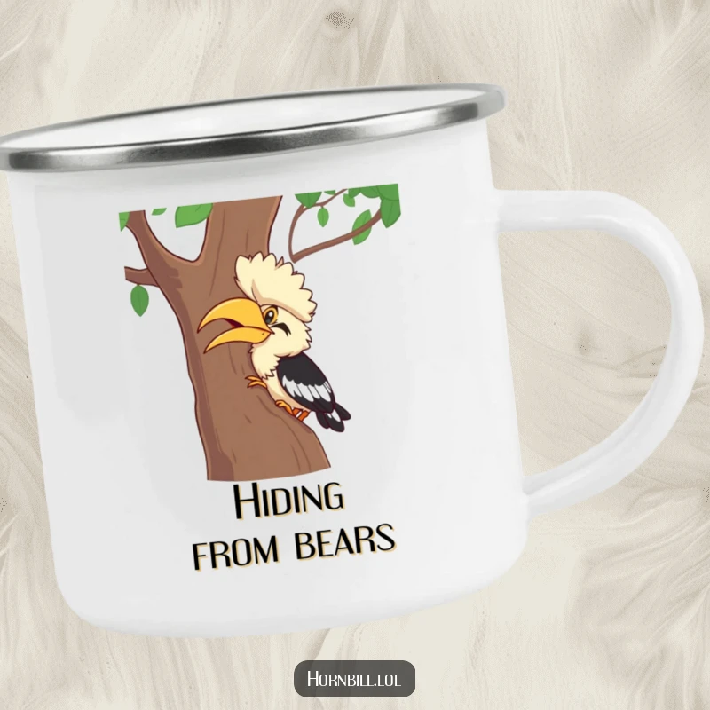 Funny Hornbill Camping Mug: A hornbill character giggling while playing hide-and-seek behind a tree, perfect for a funny gift.