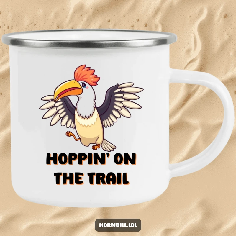 Funny Hornbill Camping Mug: A durable mug showing a bird with wings wide, doing a happy hop, perfect for outdoor celebrations.