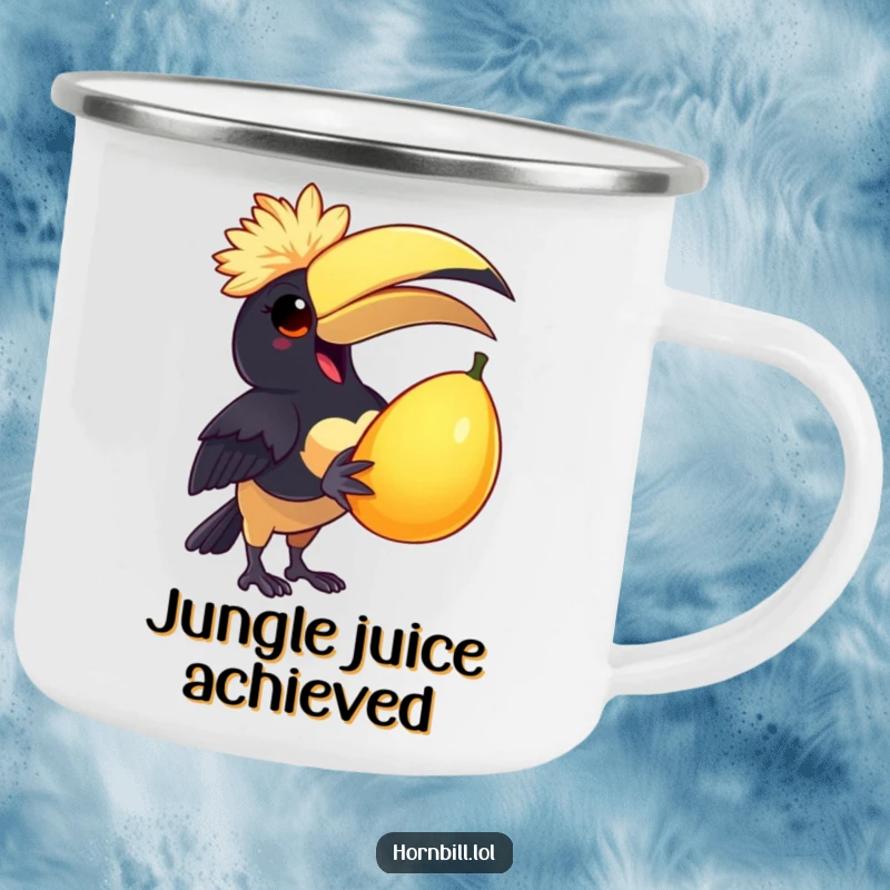 Funny Camping Mug: A delighted hornbill wearing a tiny cap joyfully holds a large, juicy fruit, ready for outdoor enjoyment.
