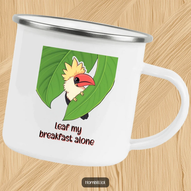 Funny chubby hornbill peeking from behind a leaf, a whimsical and humorous addition to this durable camping mug.