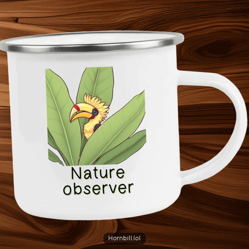 Funny Camping Mug: Hornbill peeking its head out from behind a large leafy bush, ready for outdoor nature discovery.